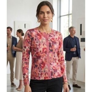 Anne Klein Silk Blend Pink Coral Abstract Floral Cardigan - Snap Front - Size M